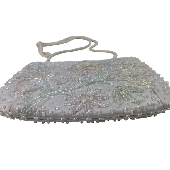 Vintage White Beaded Evening Bag With Floral Embroidery & Rope Strap - Picture 5 of 13